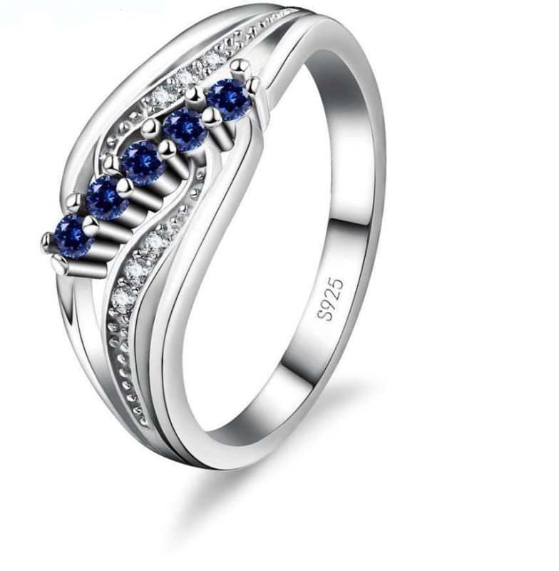 925 Silver Crystal Gem Ring - 6 / Blue - Rings