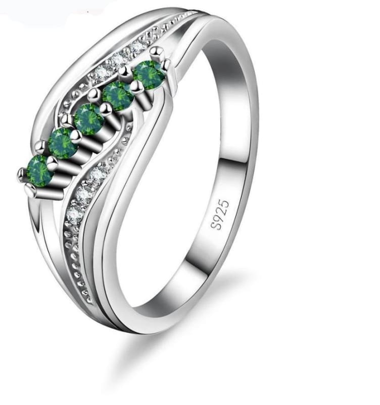 925 Silver Crystal Gem Ring - 6 / Green - Rings