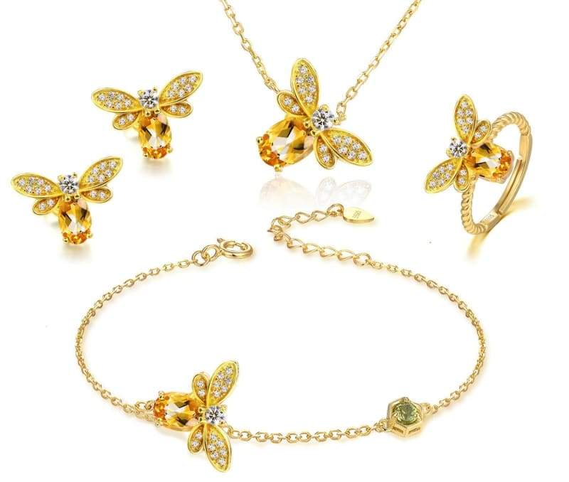 925 Silver Honey Bee Ring Jewellery Sets - Yellow - Jewelry Sets