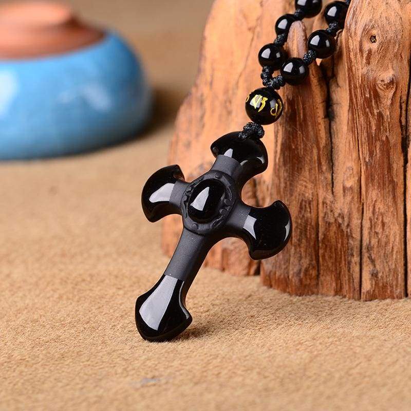 Black Obsidian stone Cross Necklace - Pendants