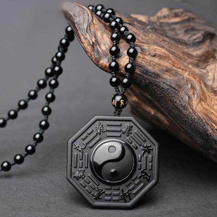 Black Obsidian Stone Yin Yang Necklace - Pendants