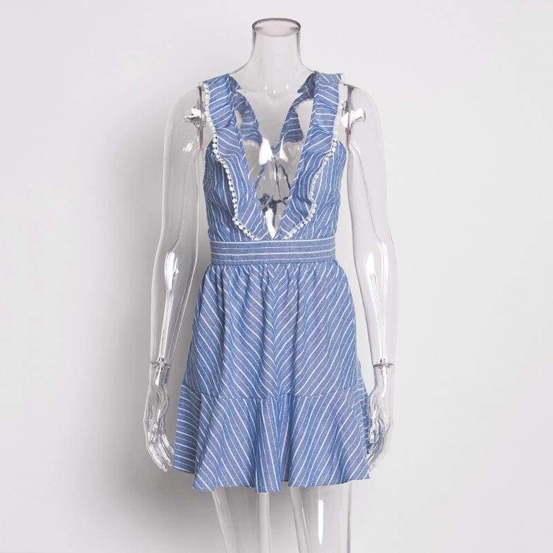 Blue Stripes Casual Ruffles V Neck Dress - Dresses