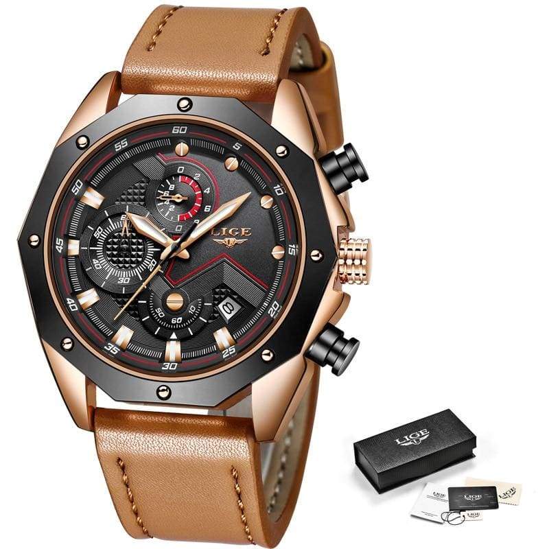 Casual Leather Military Waterproof Sports Watch - Rose gold black - Quartz Watches