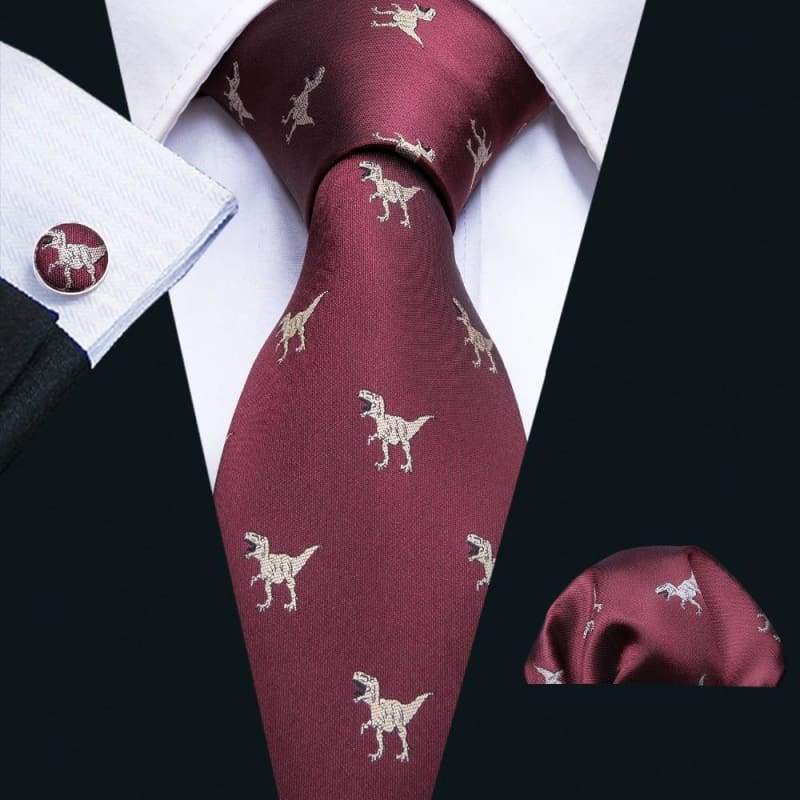Dinosaur silk necktie set - Maroon - Mens Ties & Handkerchiefs