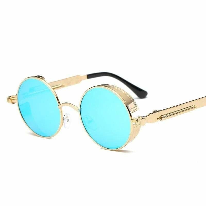 Gothic Steampunk Round Metal Sunglasses for Unisex - 6631 gold f blue - Sunglasses