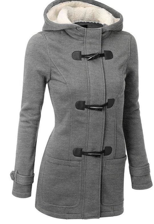 Horn Button Zipper Hooded Coat - Gray / S - Basic Jackets