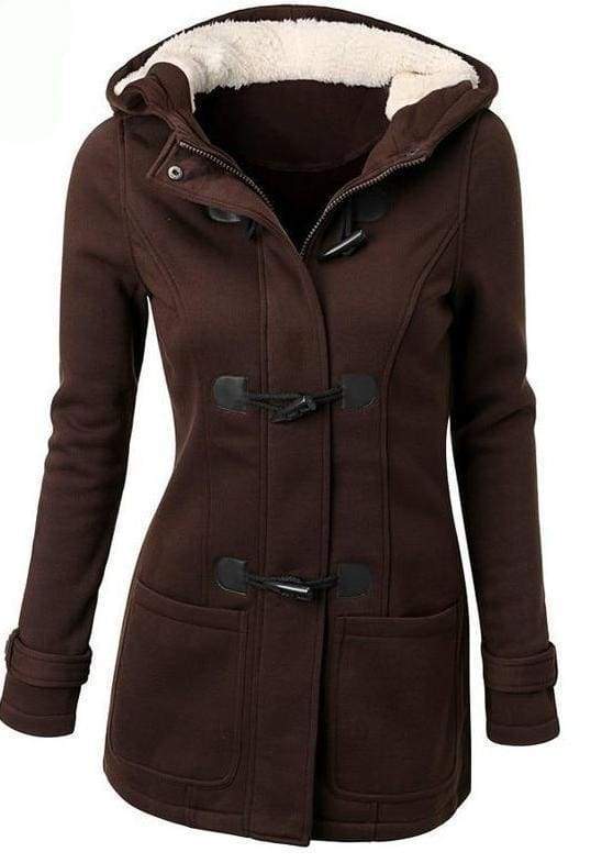 Horn Button Zipper Hooded Coat - Basic Jackets