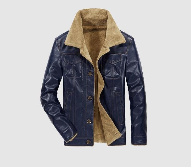 Leather jacket fur lined - Navy Blue / L - Faux Leather Coats