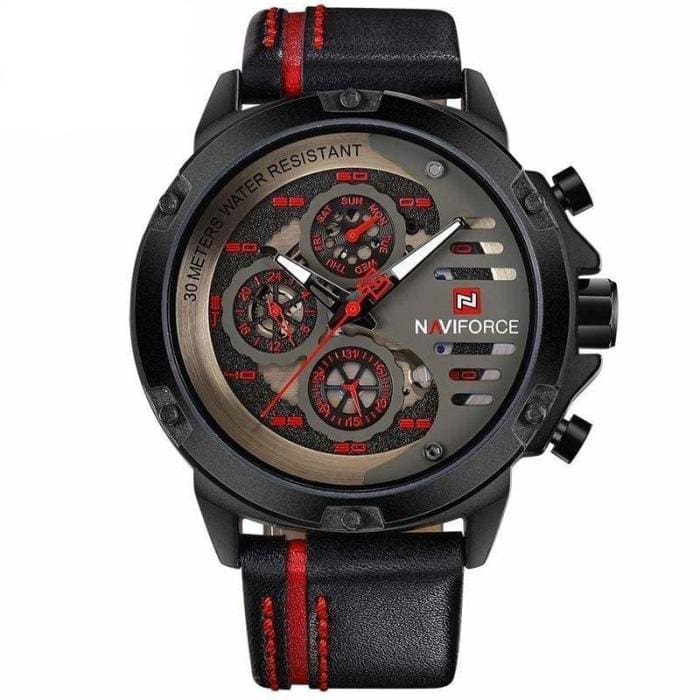 Leather Sports Wrist Watch for Men - Black Red - Quartz Watches