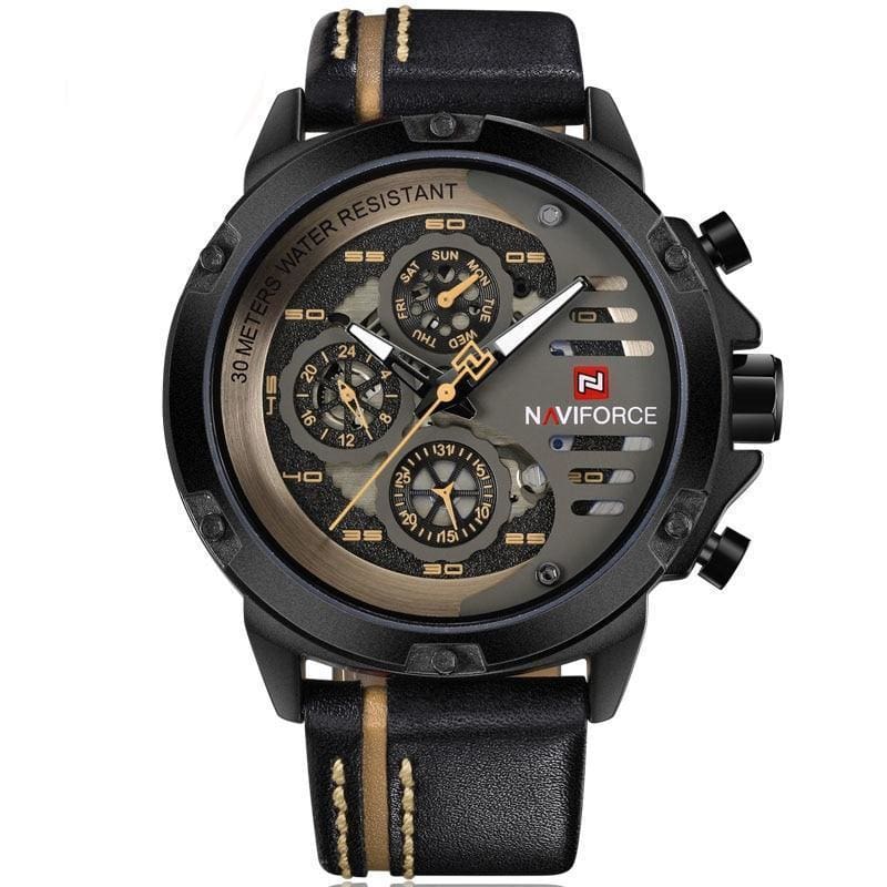 Leather Sports Wrist Watch for Men - Black Yellow - Quartz Watches