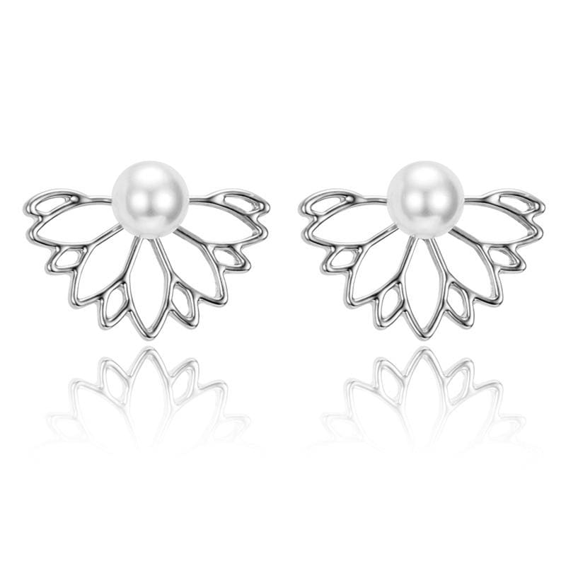 Lotus Crystal Flower Stud Earrings - Silver 4 - Stud Earrings