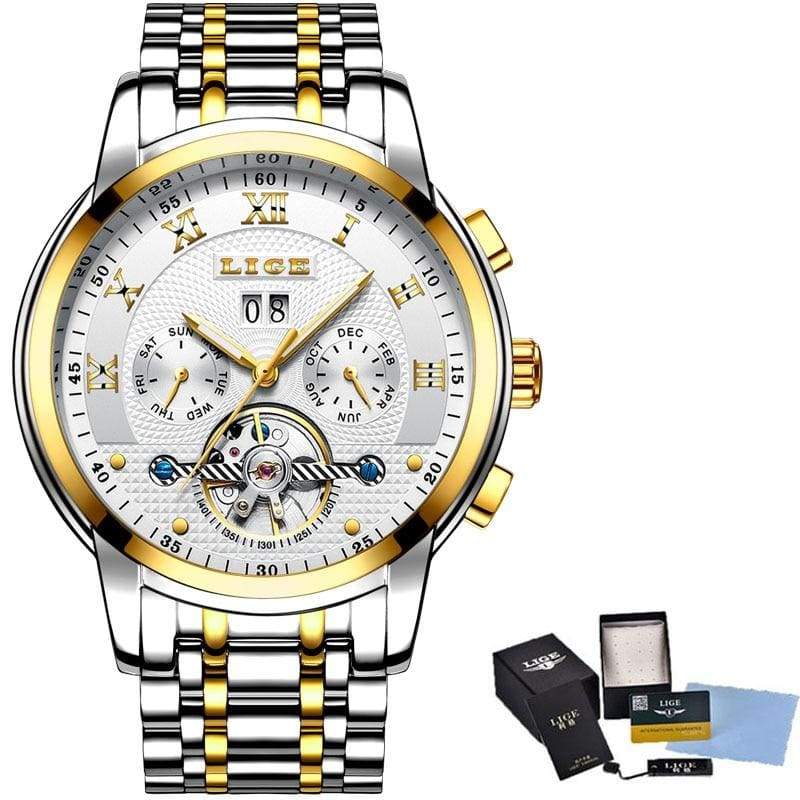 Luxury Automatic Mechanical Business Watch - gold White steel - Mechanical Watches