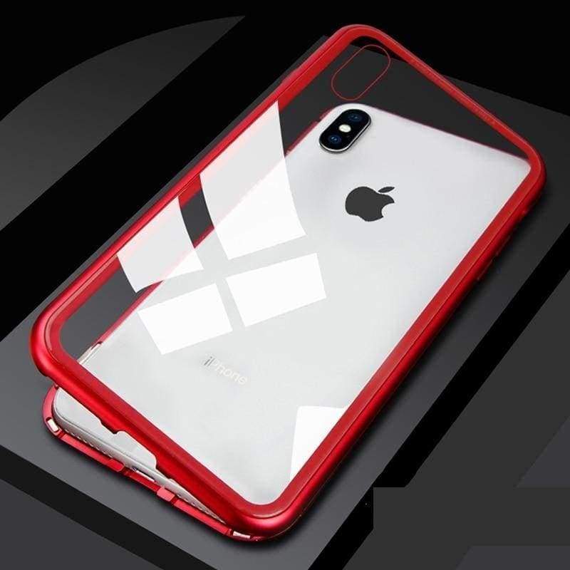 Metal Magnetic Case for iPhone & Samsung - Clear Red / For Samsung Note 8 / With Front Glass - Fitted Cases