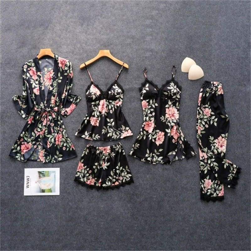 Nightie Sleepwear Lace Pajama Just For You - black 5pcs / M - Women Clothing