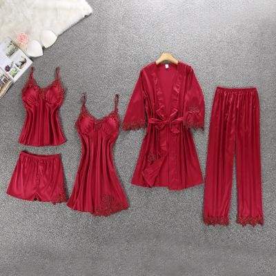Nightie Sleepwear Lace Pajama Just For You - wine red flroal 5pcs / M - Women Clothing