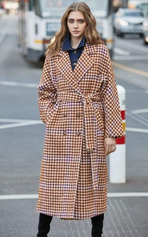 Overcoat Plaid Cinched Waist Just For You - Burnt caramel / S - Women Coat