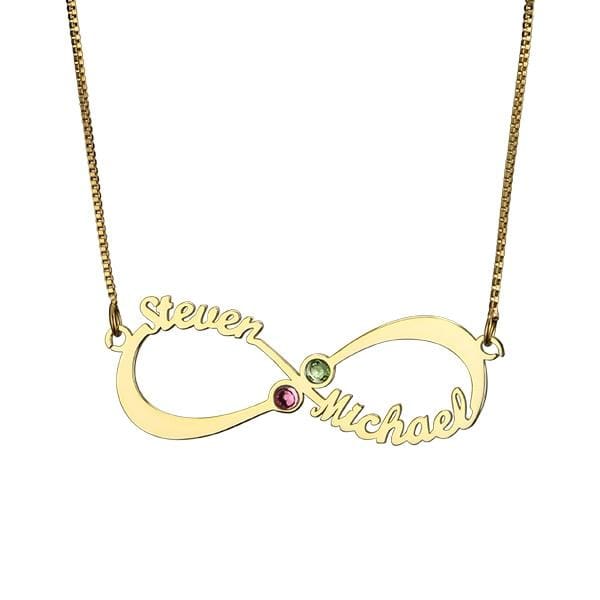 Personalized Infinity Necklace with double Names and Birthstones - 18k gold plated / 45cm - Pendant Necklaces