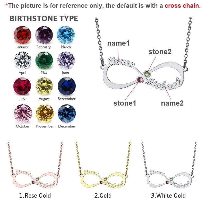 Personalized Infinity Necklace with double Names and Birthstones - Pendant Necklaces