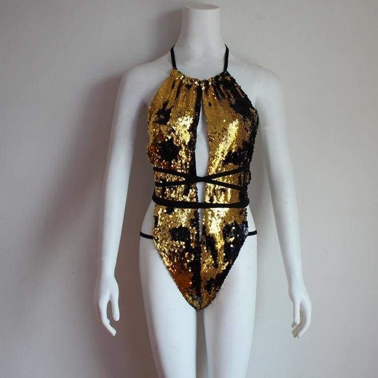Sequin Mesh Sexy Thong Swimwear - as picture Deep Gold / S - One-Piece Suits