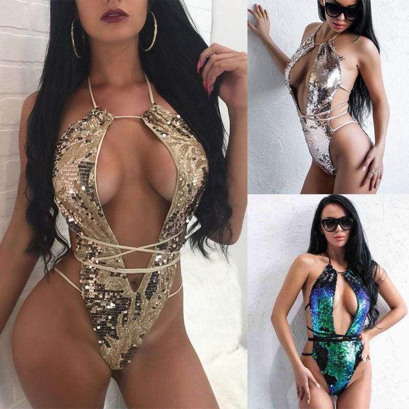 Sequin Mesh Sexy Thong Swimwear - One-Piece Suits