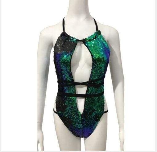 Sequin Mesh Sexy Thong Swimwear - as picture Green / S - One-Piece Suits