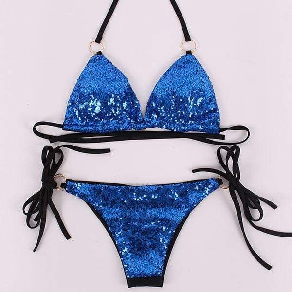 Sexy Sequins Bikini Set Halter Swimsuit - Blue / L - Bikinis Set