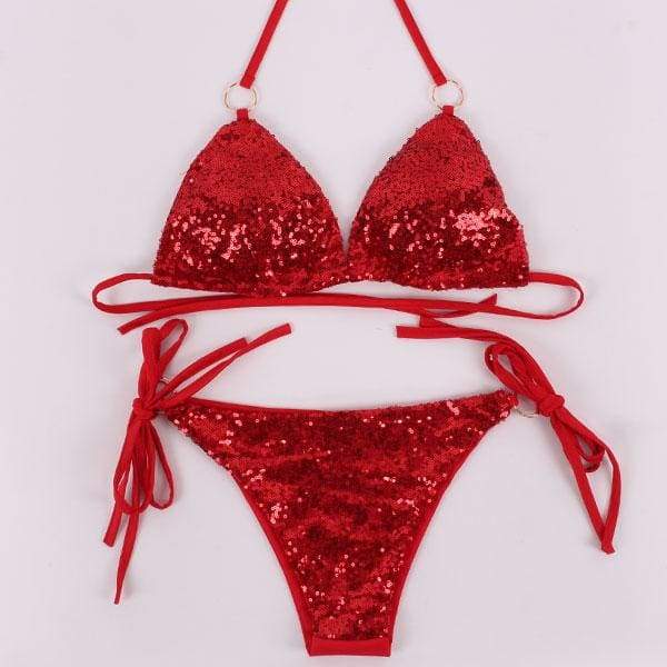 Sexy Sequins Bikini Set Halter Swimsuit - Red / L - Bikinis Set