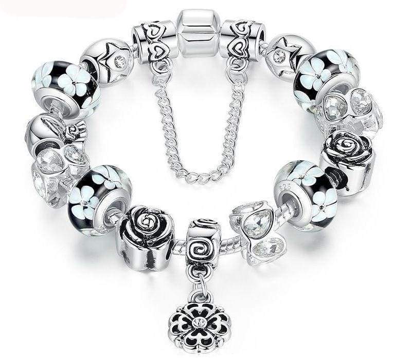 Silver Flower Glass Bead Bracelet - 20CM Length / Black - Strand Bracelets