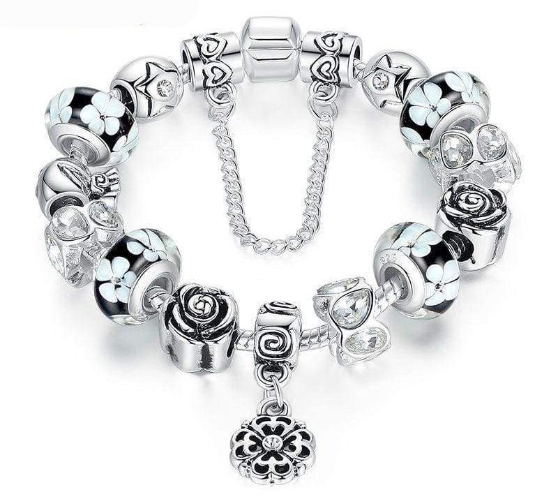 Silver Flower Glass Bead Bracelet - Strand Bracelets