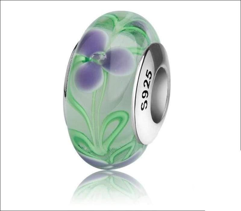Silver Murano glass beads with flower petal and green leaves - Beads