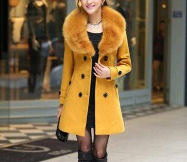 Amazing Slim Big Fur Collar Warm Coat - yellow / XXXL - Wool & Blends
