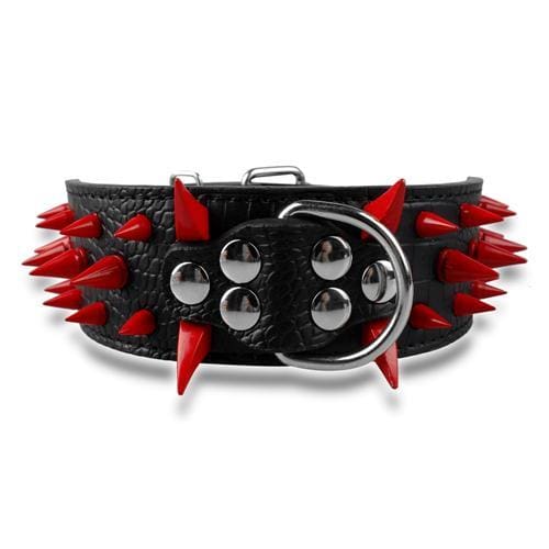 Spiked Studded Leather Dog Collar - Black Red Spike / S - Collars