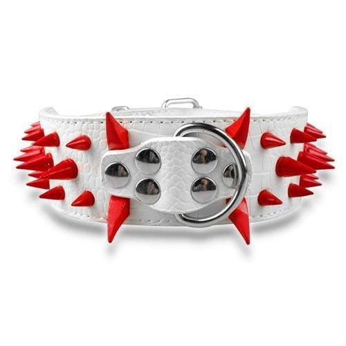 Spiked Studded Leather Dog Collar - White Red Spike / S - Collars