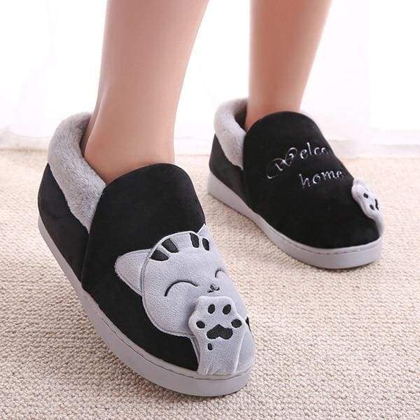 Winter Cartoon Cat Slippers for Home - black top / 8 - Slippers