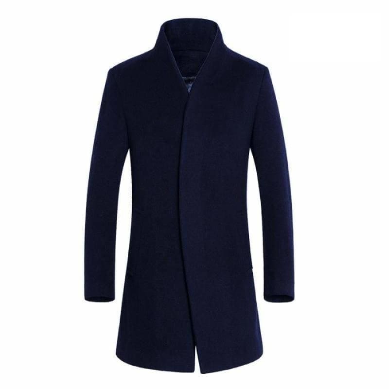Winter Woolen Long Peacoat Mens Slim Fit - Navy blue thin / M - Wool & Blends