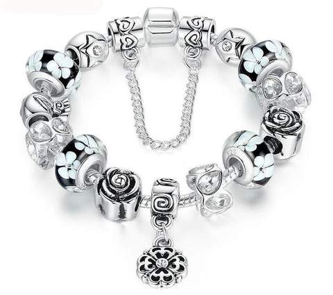 Silver Flower Glass Bead Bracelet